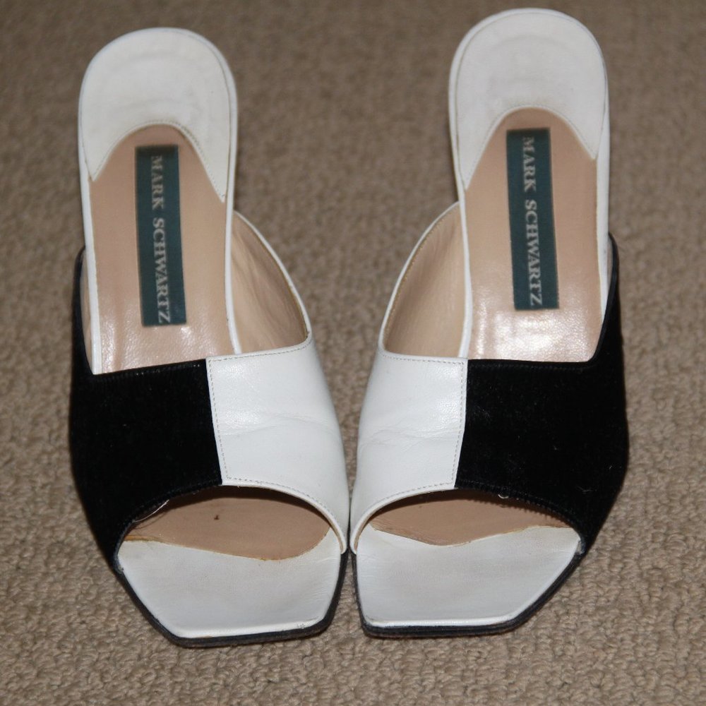 Mark Schwartz Italian Black Pony White Leather Heel Sandal Shoes Italy Size 7B